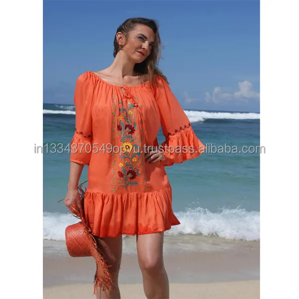 Ladies Western Frill Skater Beach Dress Design in Floral Embroidery Women Casual Bohemian One Piece Cover Up Kaftan Dress Tunic