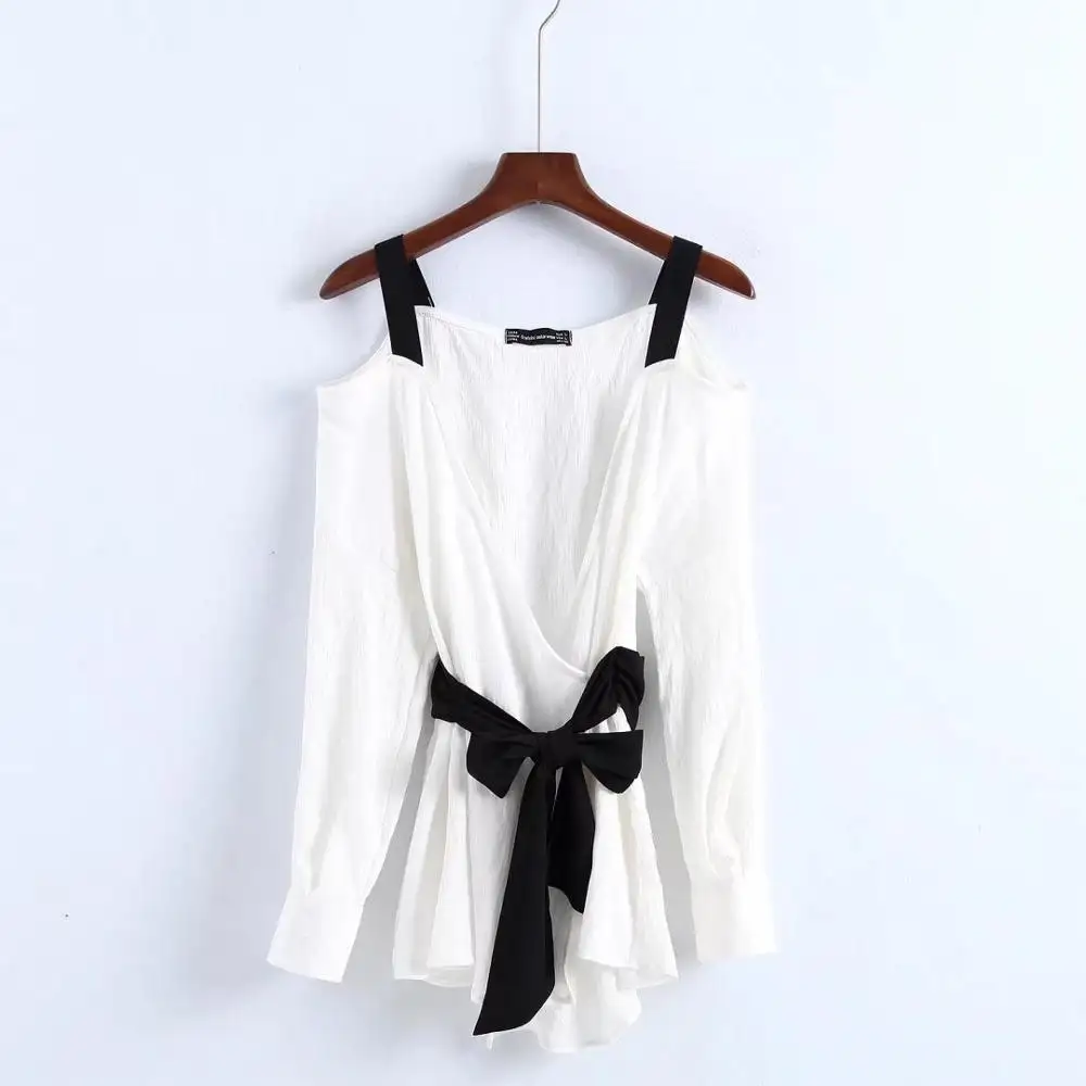 Women's wild style contrast design strapless long sleeves lace shirt