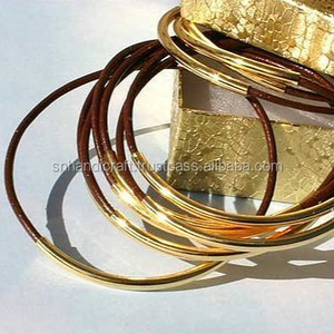 <b>Leather</b> Bangles <b>Bracelets</b> Brown <b>Leather</b> And Gold Or Silver Metal Tubes Unique Handmade Collection - Product Image 1