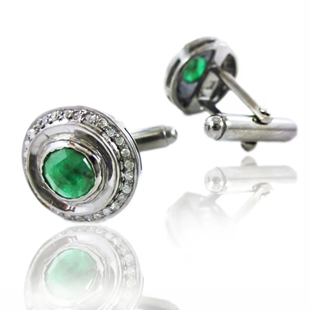 Manufacturer Of 925 Sterling Silver Emerald Gemstone Cufflink Pave Diamond Finding Cuff Link Jewelry