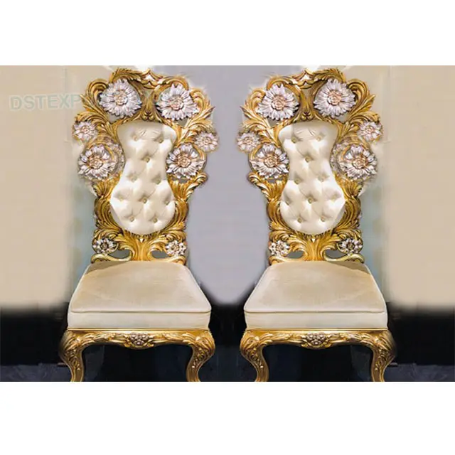 Hochzeit Blumen Design King & Queen Stuhl Designer Holz geschnitzte Hochzeits stühle Royal Wooden Carved Golden Chair Set