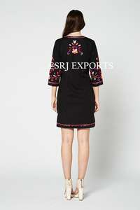 Klv — robe courte Banjara pour femme, broderie floral, style ancien, personnalisé, manches 3/4, col rond, tendance, oiseau mexicain, robe pour femme - Product Image 3