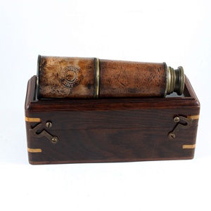 Antique Vintage 18 pouces SpyGlass en laiton télescope en alliage de métal Construction avec boîte en bois poignée en cuir cadeau de Noël de mariage - Product Image 2