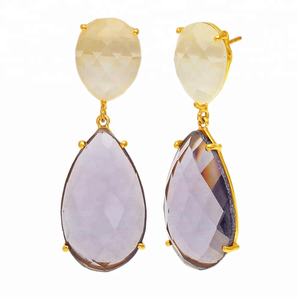 Boucles d'oreilles pendantes vintage pour femmes en argent sterling 925 faites à la main, avec chalcédoine blanche naturelle et améthyste, plaquées or, pour mariage - Product Image 2