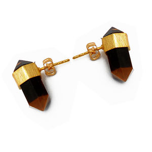 Pendientes de tuerca hechos a mano con piedras preciosas de ojo de Tigre con forma de lápiz de doble punto, joyería, pendiente chapado en oro de Plata de Ley 925 para mujer. - Product Image 2