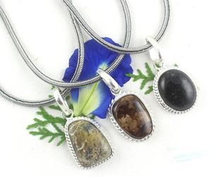 92.5 Sterling Silver Mix Shape Natural <b>Picture</b> & Black Jasper & Bronzite Gemstone <b>Charm</b> Pendant Gift Necklace - Product Image 1
