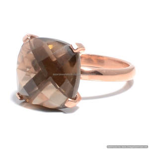 Anillo de Plata de Ley 925, Gema de cuarzo ahumado, oro rosa, vermeil - Product Image 1