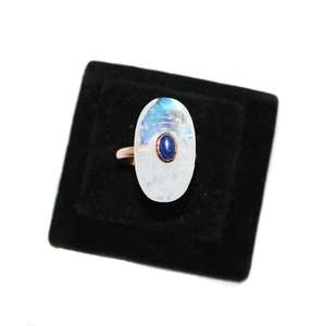 งดงามรุ้งมูนสโตนและ Lapis Lazuli 925แข็งเงินสเตอร์ลิงกุหลาบชุบทองปรับแหวนเครื่องประดับ - Product Image 1