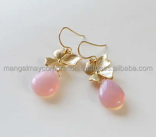 New Looking Beautiful Pink Quartz Drop Shape Gemstone 925 Silver Gold Plated Bezel Setting Earring For Anniversary Gift