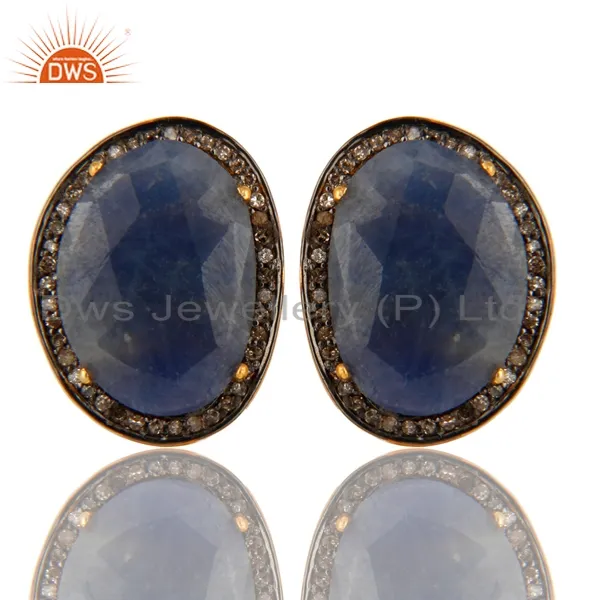 Wholesale Pave Diamond Natural Blue Sapphire Gemstone Cufflink Indian Solid Gold 925 Silver Cufflink For Mens Jewelry