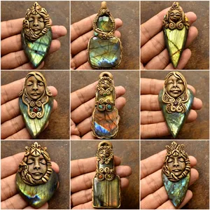 Labradorite pendentif jaune feu polymère naturel pierre d'argile pendentif pierres précieuses en gros pendentif en pierre collier labradorite - Product Image 1