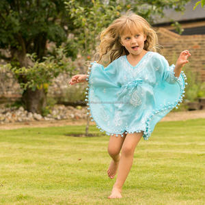 Summer Love Breathable Playful Feel <b>Pom</b> <b>Pom</b> Hem Little Princess Kaftan Delicate Wool Embroidered Empire Waist Breezy Cover up - Product Image 1