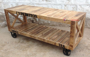 Mesa de Centro Vintage de Madera Maciza Industrial con Ruedas de Hierro Fundido, Muebles para Sala de Estar Interior - Product Image 4