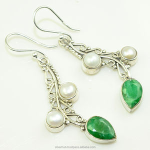 Pendientes de Plata de Ley 925 Hechos a Mano al por Mayor, con Forma de Pera, con Gema de Esmeralda, con Gancho y Aro, para Fiestas, Precio de Fábrica - Product Image 1