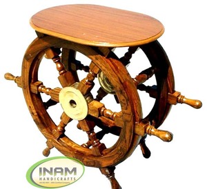 พวงมาลัยเรือไม้โบราณดีไซน์เนอร์ทำด้วยมือของตกแต่งโต๊ะด้วยลูกพีชฝังทองเหลือง - Product Image 2