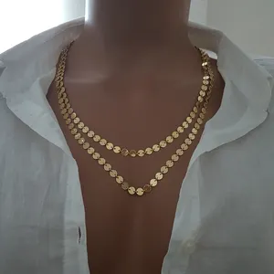 Oro amarillo P. Gargantilla de plata de ley de 925K, collar de capas largas, Gargantilla con moneda minimalista - Product Image 1