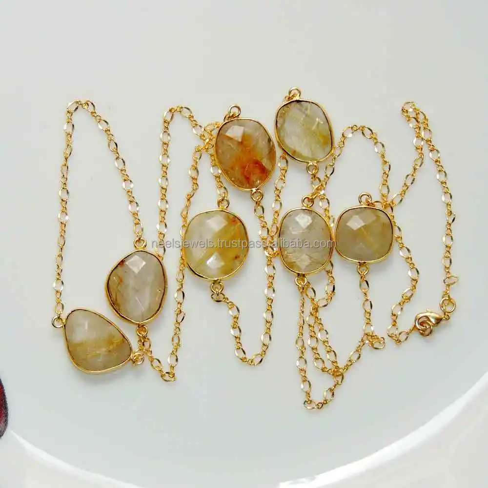 Gold Plated Rutile Stone Long Chain Necklace for Women Handmade Jewelry Sterling Silver Bezel Set Rutile Stone Chain Jewelry