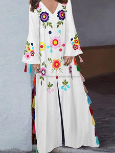 Vestido Largo Vintage con Abertura Frontal y Bordado Floral Fluorescente, Envío Directo, Vestido Largo con Mangas Largas y Borlas para Mujer - Product Image 3