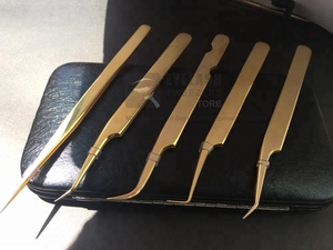 Logotipo personalizado Pinzas de extensión de pestañas de acero inoxidable sostenibles chapadas en oro curvadas de 45/90 grados Diseño duradero antiestático - Product Image 2