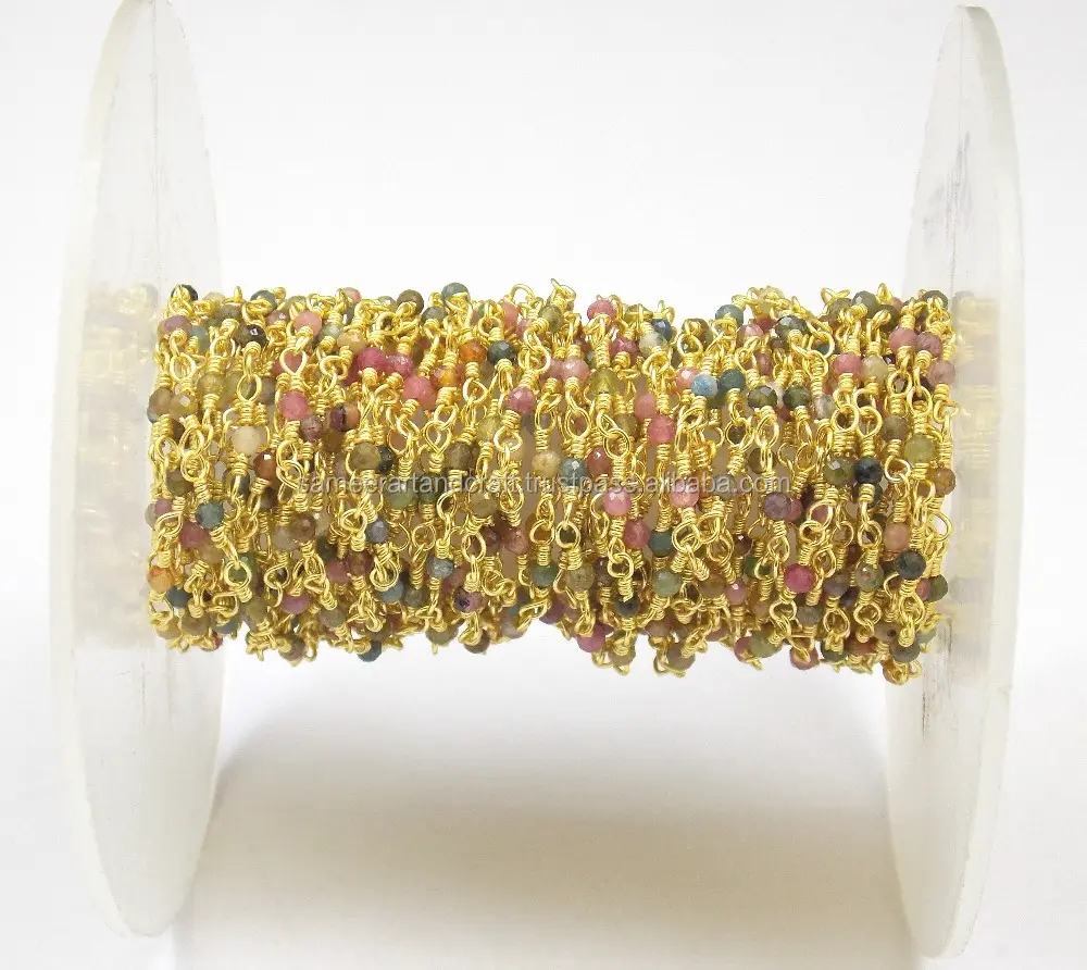 Pierres précieuses de Tourmaline naturelle, chaîne chapelet avec perles plaquées or enveloppé de fil