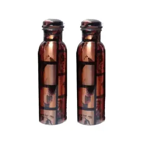 Botella de agua de cobre Natural con estampado negro, recipiente de agua caliente de cobre indio con nombre de Hermano