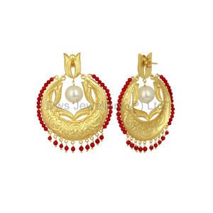 Coral Cz plata India chapado en oro tradicional Chand Bali pendientes joyería para mujer regalo para ella - Product Image 2