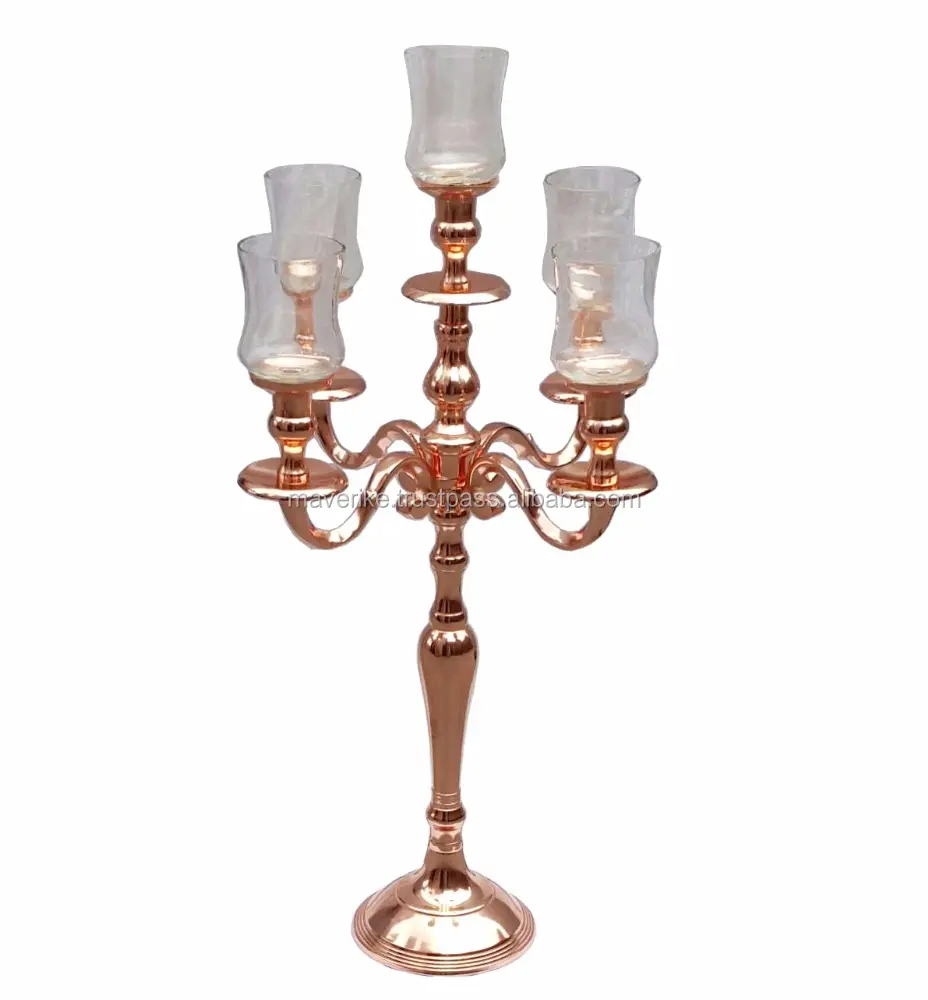 Candelabri in rame oro rosa con portacandele votivo in vetro con fondo a pioli rivestito in gomma per composizioni floreali matrimonio