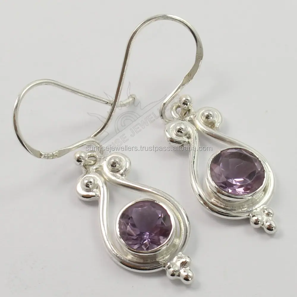 Pendientes de gota de plata con piedras personalizadas, venta al por mayor, amatista púrpura natural y otras joyas estampadas de Plata de Ley 925