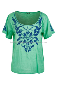 เสื้อเบลาส์คอตตอน100% ของผู้หญิงเสื้อเบลาส์ปักลายพื้นเมืองเก๋ไก๋ใส่สบายฤดูร้อน - Product Image 4