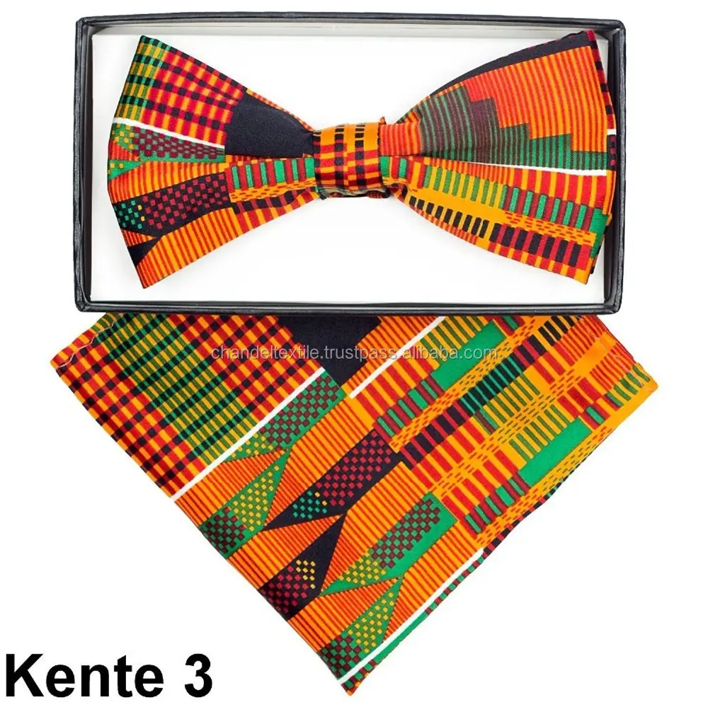 Kente Africano Laço com Bolso Lenço dos homens set, tamanho do pescoço ajustável Pretied Bow Tie & Bolso Square Lenço Kente Africano