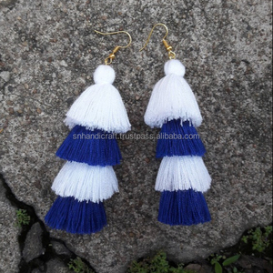 High QualityWhite&Dark <b>Blue</b> Tassel <b>Earrings</b>,Tassel <b>Earrings</b>,Cotton <b>Earrings</b>,Hand Made <b>Earrings</b>,Bohemian <b>Earrings</b> - Product Image 1