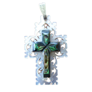Collier avec pendentif en forme de croix en tungstène et nacre, fait à la main, cadeau religieux, pierre principale en coquille - Product Image 1