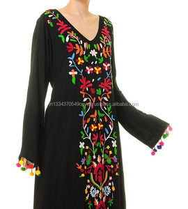 Dress of This Summer Women's Wear Long Maxi With Multicolored Floral Embroidery & <b>Pom</b> <b>Pom</b> <b>Trim</b> Sleeve Swim Hot Beachwear Caftan - Product Image 5