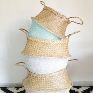 Vietnam's XXL Bamboo Folding Seagrass <b>Belly</b> Basket Hot Selling Hand Woven Rattan Serving Tray Foldable Storage Style Handles - Product Image 1