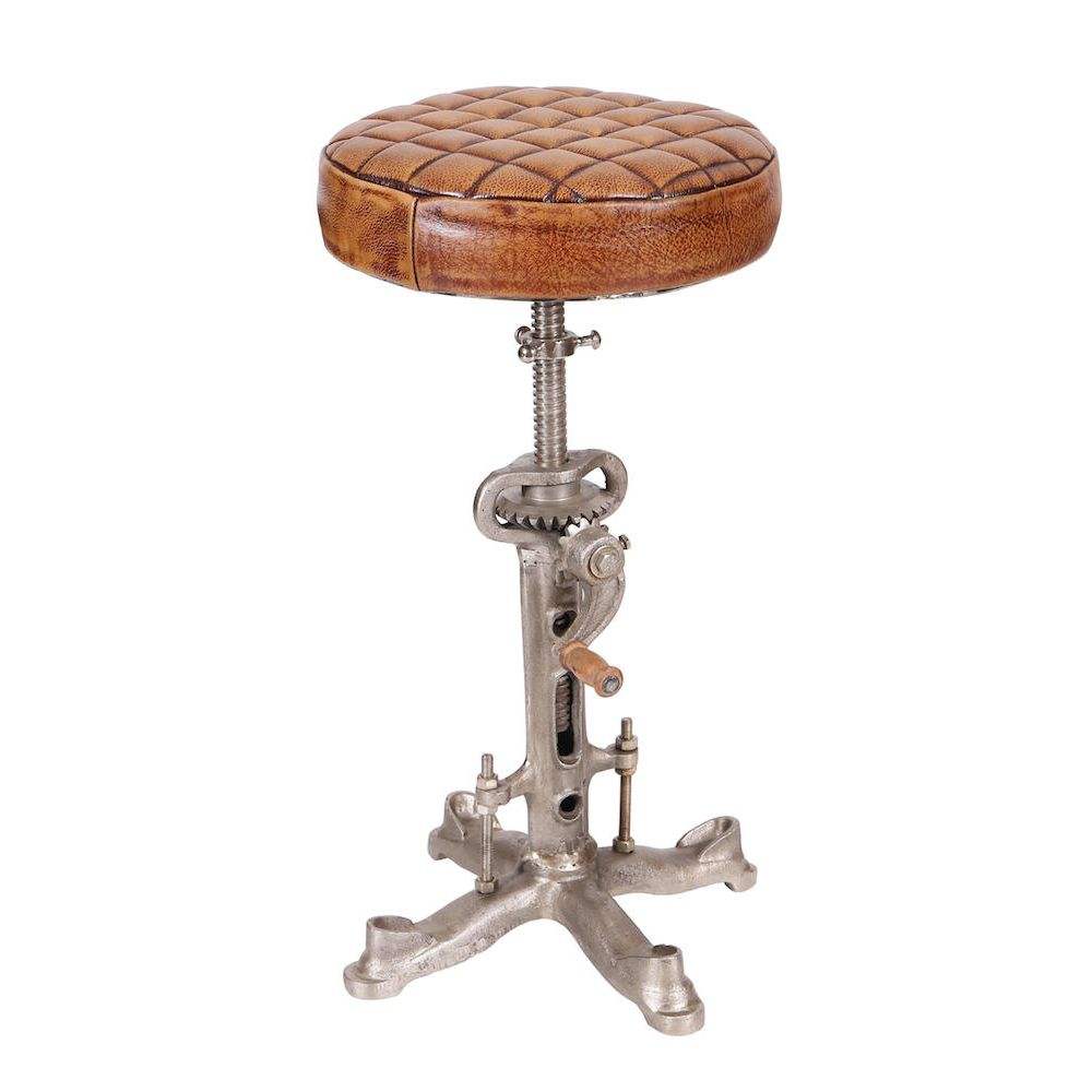 Vintage Industrial Cast Iron Leather Bar Stool by Gemini Krafts