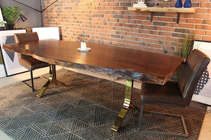 Vintage Style Acacia Wood Live Edge Dining <b>Table</b> With <b>Gold</b> Y Shaped Metals Legs - Product Image 2