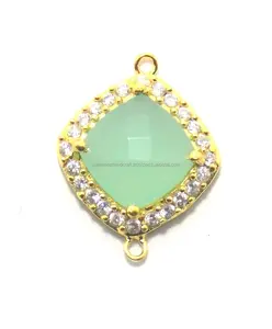 925 Sterling Silver <b>Jewelry</b> <b>Findings</b> Aqua Chalcedony Gemstone Double Bail Faceted Bezel Connector Durable Brass CZ Cushion Shape - Product Image 1