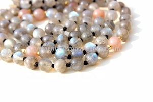 Collar de cuentas Mala 108 hecho a mano estilo clásico labradorita y piedra lunar piedras preciosas hinduismo regalo religioso de artista indio - Product Image 5