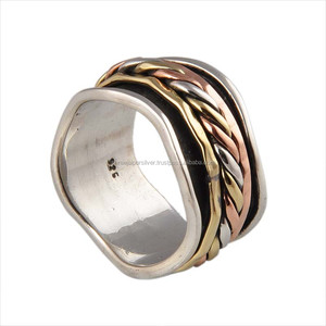 Anillo giratorio de plata de ley 925 al por mayor, trenzado de tres tonos, de metal mixto (cobre y latón), para alivio de la ansiedad, meditación y fiestas - Product Image 1