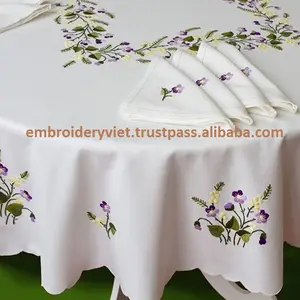 Nappe de Table et serviette rond brodé à la main, 100% coton, 3 pièces