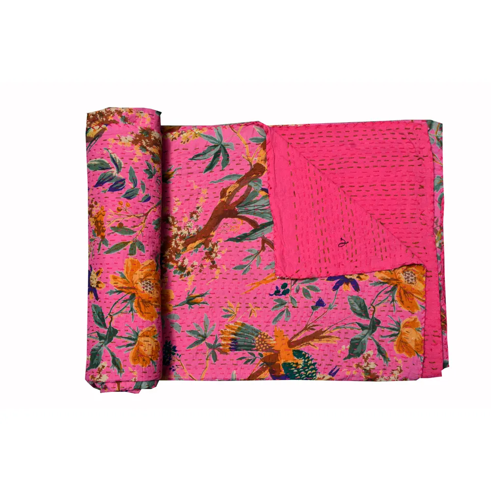 Lujo cómodo tamaño Queen Kantha acolchado estampado Floral colcha Rosa algodón sábana hecha a mano ropa de cama personalizada cubierta al por mayor