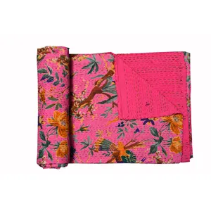 奢华舒适大号Kantha绗缝印花床罩粉色棉床单手工定制床罩批发