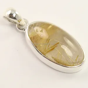 Fabulous Pendant 925 Sterling Silver Natural RUTILATED QUARTZ Big Oval Gemstone