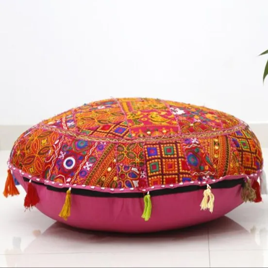 Indian embroidery vintage floor cushion cover handmade patchwork home decor seating round floor cushion cover
