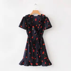 Groothandel Nieuwe Stijl Vrouwen Cherry Print V-hals Mode Zomer Jurk