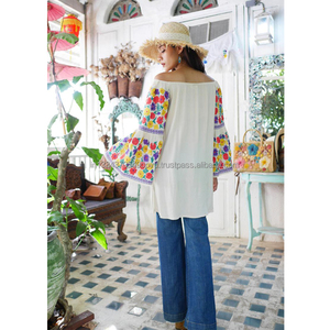 Nueva llegada Vintage Floral bordado de Boho Mujer parte superior del hombro de la venta caliente mexicano estilo de moda de verano Blusa de manga corta las mujeres - Product Image 1