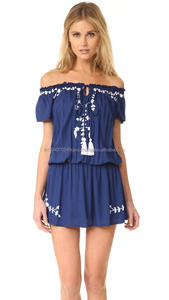 Canner — robe courte brodée de fleurs, Simple, chaîne de encolure élastique smockée, cravates à glands, épaules dénudées, petite robe, 2019 - Product Image 5