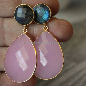 925เงินสเตอร์ลิงสีชมพู Chalcedony & Labradorite Gemstone ต่างหูทอง Vermeil ที่สวยงาม Handmade แฟชั่นเครื่องประดับ - Product Image 1