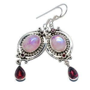 New Arrival 925 <b>Sterling</b> <b>Silver</b> <b>Drop</b> <b>Earrings</b> with Pink Moonstone Garnet Fine Jewelry for Women's Wedding Anniversary Party - Product Image 1