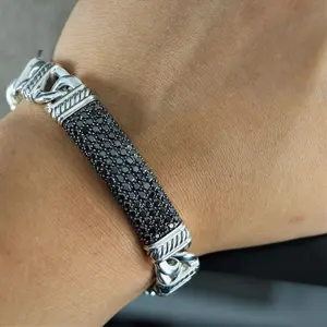 Cable Link Bracelet Diamond Sterling Silver Men&#39;s Black Natural Diamonds Chain & Link Bracelets AA , AAA Amd AAA+ 8.5 Inches